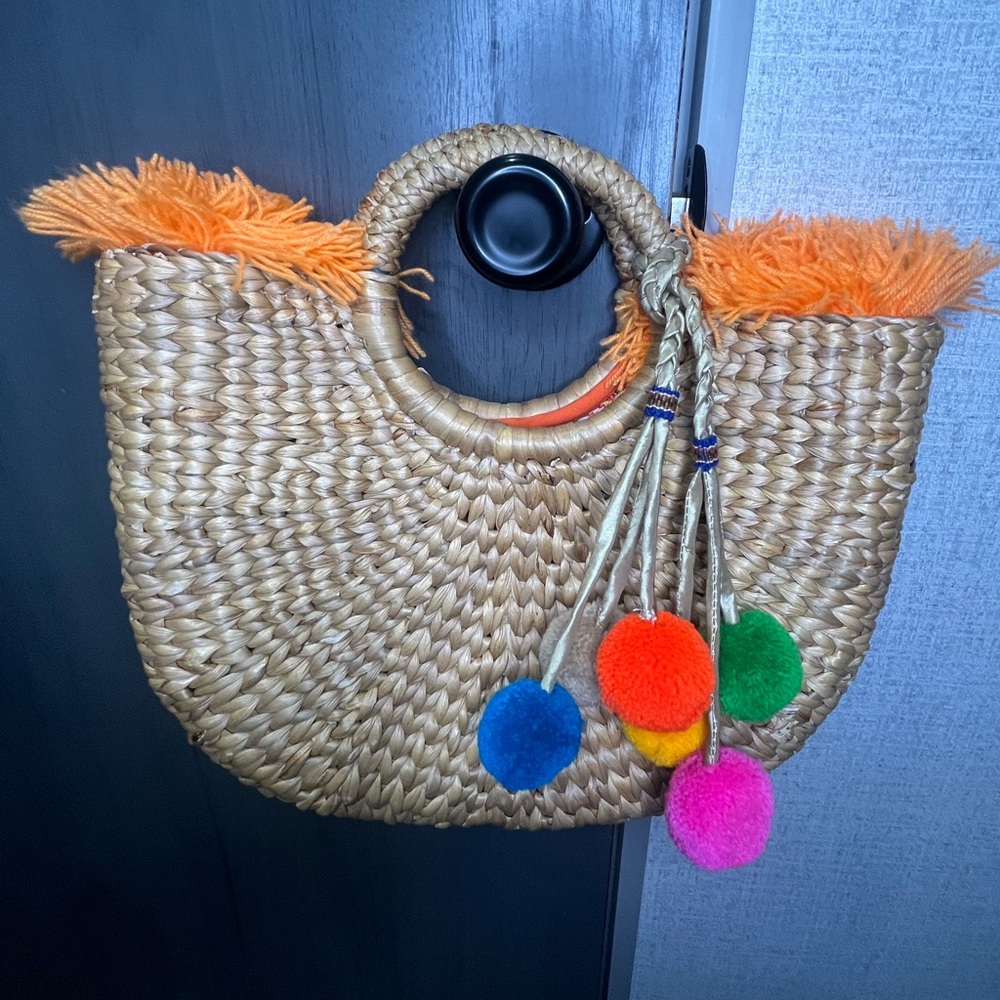 Crescent Straw Bag with Pom Poms